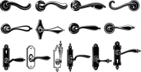 Elegant vintage door handle set, classic ornate lever designs, decorative metal hardware collection, antique style interior accessories, black silhouette vector illustration