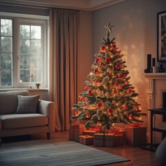 Christmas tree decorated with lights and ornaments in cozy living room  