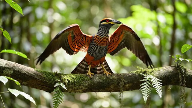 Male Palawan Peacock-Pheasant Displays His Plumage Perched on Branch