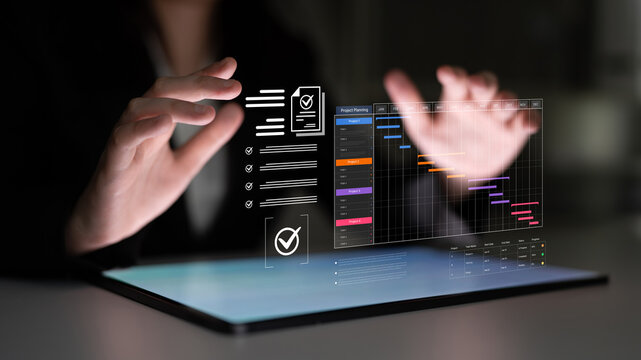 A project management dashboard for business. The interface features a Gantt chart to visualize the project timeline, task scheduling, and overall progress for efficient workflow. Fermion