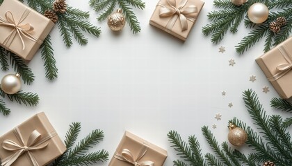 Festive arrangement of Christmas gifts with pine branches and ornaments  