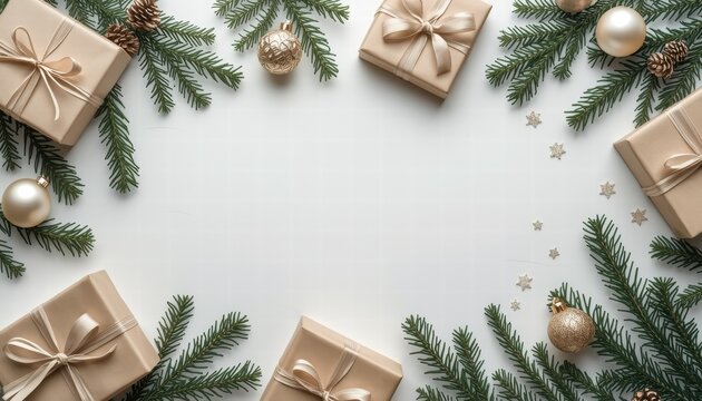 Festive arrangement of Christmas gifts with pine branches and ornaments - Powered by Adobe