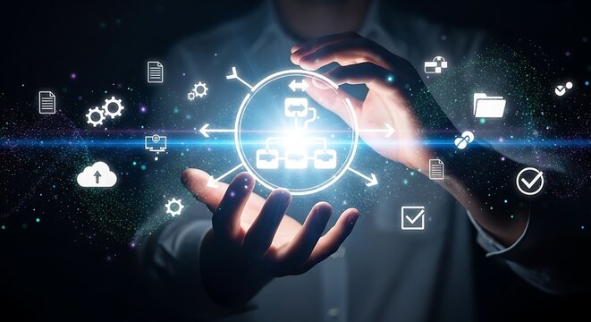 Innovative technology interface in hands showing hourglass and data for strategic planning and optimal status, perfect for future business solutions