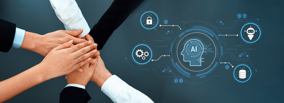A diverse group of hands stacked together symbolizes collaboration and unity in technology and artificial intelligence, showcasing innovation in a digital landscape. Trope