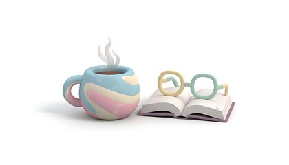 3D cartoon pastel coffee cup with an open book and glasses on top, soft clay texture, cozy reading scene, isolated on white background.