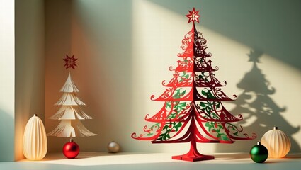 Decorative Christmas trees with ornaments on a softly lit surface  