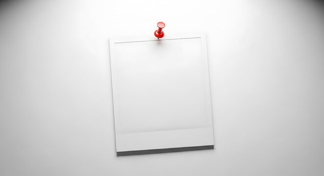 Spotlight on a blank instant photo frame held by a red pushpin, a minimalist template for displaying memories or quick messages