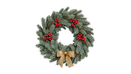 Frosted christmas wreath with vibrant red berries and a decorative gold bow isoleted on transparent background.