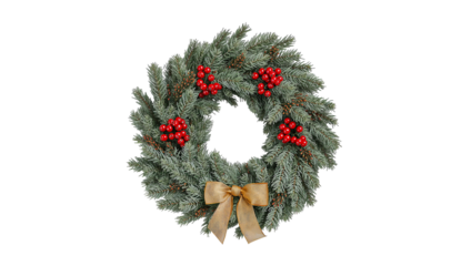 Frosted christmas wreath with vibrant red berries and a decorative gold bow isoleted on transparent background.