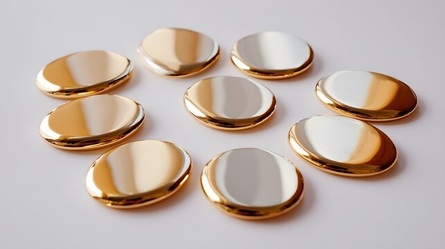 Elegant collection of oval white and gold reflective objects on a plain background.