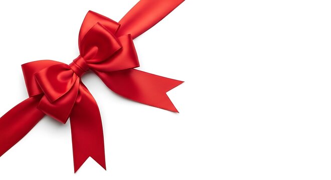 Elegant Red Ribbon Bow Festive Decoration on White Background