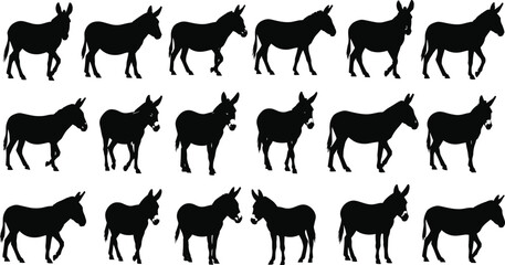 Set of black donkey silhouettes, isolated farm animal vector collection, standing and walking mule icons, nature illustration bundle, agriculture design elements on white backgroundv