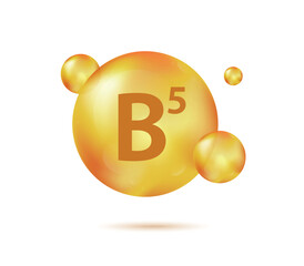 Vitamin B5 gold capsule. Pill capcule vector illustration isolated on white background. Nutrition skin care. Beauty and health vector concept. Pantothenic acid vitamin drop pill capsule