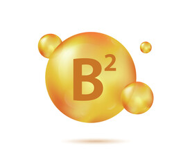 Vitamin B2 gold capsule. Pill capcule vector illustration isolated on white background. Nutrition skin care. Beauty and health vector concept. Riboflavin drop pill vitamin treatment