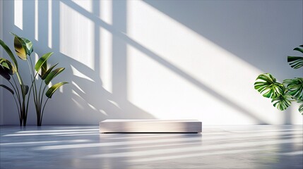 A clean, empty wooden display stand is placed on a concrete floor, surrounded by lush green tropical plants. Sunlight streams through a window, casting dramatic