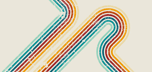 Fototapeta premium Retro curved multicolor stripes vector background with vintage grunge texture, perfect for 70s style posters, wallpapers, and creative graphic design.