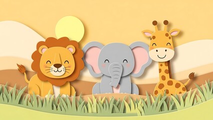 Obraz premium Adorable Cartoon Animals in a Sunny Savannah Landscape Illustration.