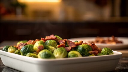 Brussel sprouts bacon roast skillet dinner comfort aroma steam kitchen warm glow rustic plate cozy dinner savory joy roasted greens crispy strips - Powered by Adobe