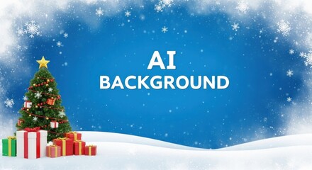 A Christmas tree with presents and a star on a blue background with snowflakes.