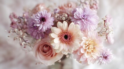 Elegant pastel floral arrangement with gerbera daisies, roses, and dahlias.