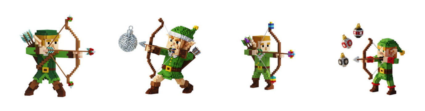 Pixelated elf archers with bows and arrows some with festive ornaments ready to shoot isolate