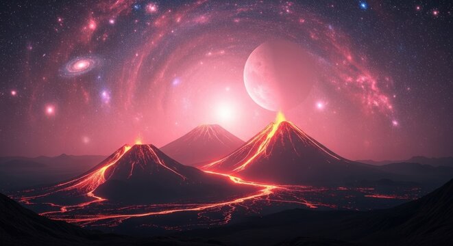 Three volcanoes emitting red lava against a pink and purple galaxy backdrop. - Powered by Adobe