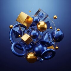 Elegant arrangement featuring gold and blue geometric shapes in motion
