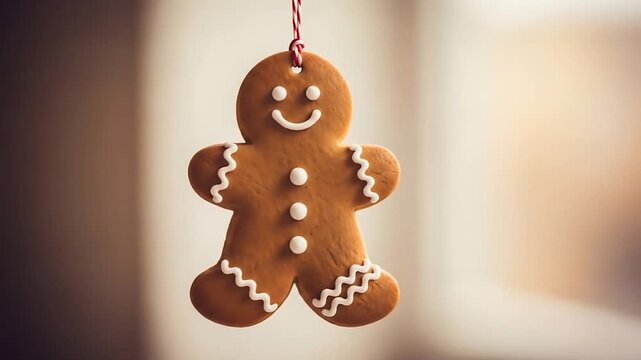 A delightful gingerbread man cookie, freshly baked and decorated, hanging by a festive red string, embodying the warmth and joy of Christmas holidays