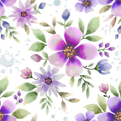 Blooming purple color flowers with green leaf and splash on light yellow background for fabric design print textile gift wrapping paper