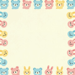 Fototapeta premium Cute pastel cartoon animal faces border on a light yellow background, featuring bears and bunnies.