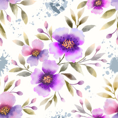 Blooming purple color flowers with green leaf and splash on light yellow background for fabric design print textile gift wrapping paper