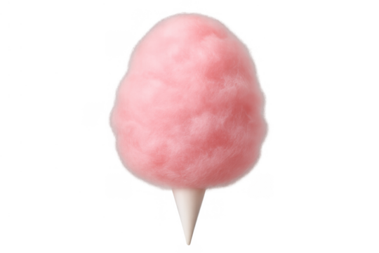 Pink fluffy cotton candy on a paper cone, a sweet sugary snack for carnivals and dessert, transparent background