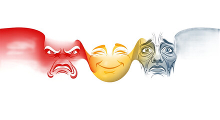 Three faces showing different emotions on a white background art 