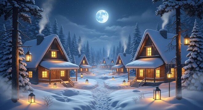 A cozy, snowy village at night with illuminated houses and lanterns, a full moon, and snow-covered trees. - Powered by Adobe