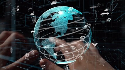 A stunning 3D model of Earth highlights a global network filled with icons representing communication and technology, showcasing the connectivity in a digital world. Xenic