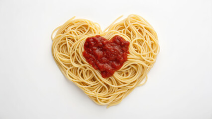 Spaghetti heart tomato sauce white background minimalist food art top view pasta love theme romantic simple composition