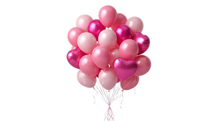 A bunch of pink balloons including a heart shaped balloon on white ,