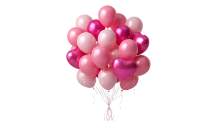 A bunch of pink balloons including a heart shaped balloon on white ,