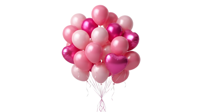 A bunch of pink balloons including a heart shaped balloon on white ,