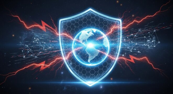 A shield with a globe and lightning bolts in the background. - Powered by Adobe