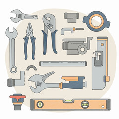 A collection of various plumbing tools and pipe fittings in a flat design illustration.