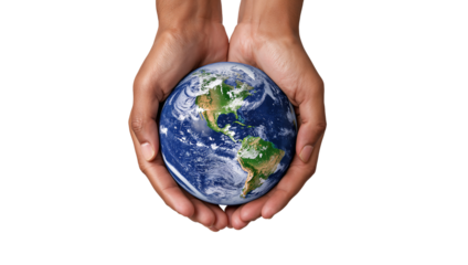 Human hands gently cradling planet earth, showing global responsibility and care isoleted on transparent background