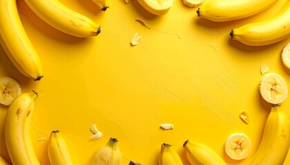 Bananas arranged on a bright yellow surface create a vibrant and cheerful backdrop for creative culinary projects