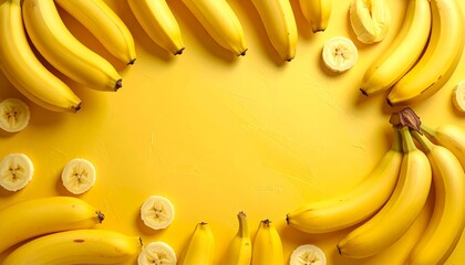 Bright yellow bananas arranged on a vibrant yellow background create a cheerful design for a fresh fruit display