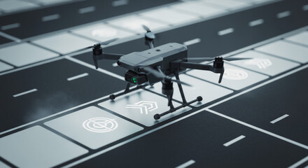 A futuristic drone navigates a smart city environment, showcasing advanced technology and innovation, offering a unique perspective.