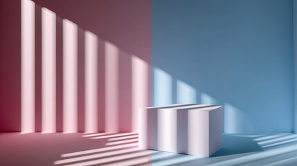 Obraz premium Minimalist pink and blue studio with geometric podium and striped shadows image