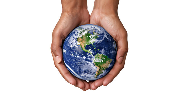 Human hands gently cradling planet earth, showing global responsibility and care isoleted on transparent background - Powered by Adobe