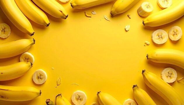 Bananas arranged in a circular pattern on a bright yellow background with sliced pieces placed evenly