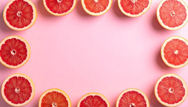 Brightly sliced grapefruits arranged in a circular pattern on a pink background for fresh fruit display