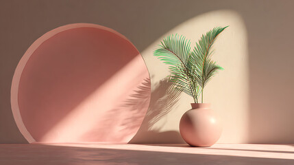 Minimalist pink archway with palm plant and dramatic light vase
